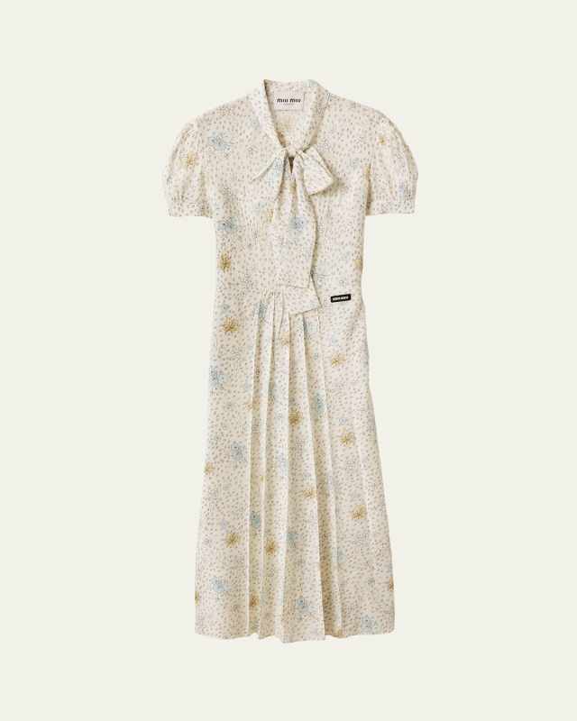 Floral Neck-Tie Short-Sleeve Midi Dress